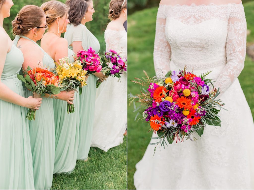 Bridal Party with colorful bouquets by Jill Lewko at the Barn on Bridge in Collegeville 