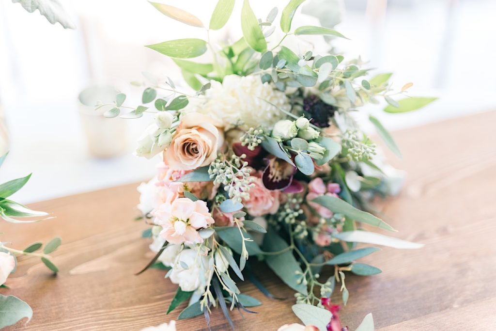 Dusty Pink and Green bouquet by Jill Lewko at Philander Chase Knox Estate in Valley Forge