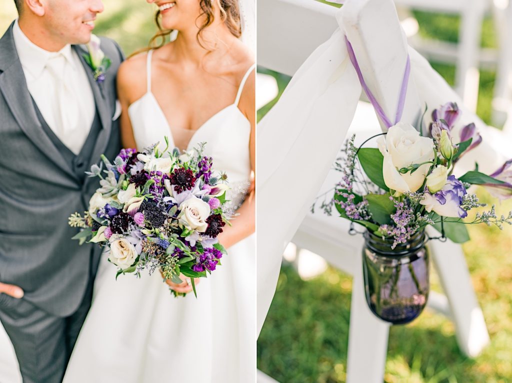 Bride and Groom with purple and green bouquet by Jill Lewko at the Barn on Bridge in Collegeville