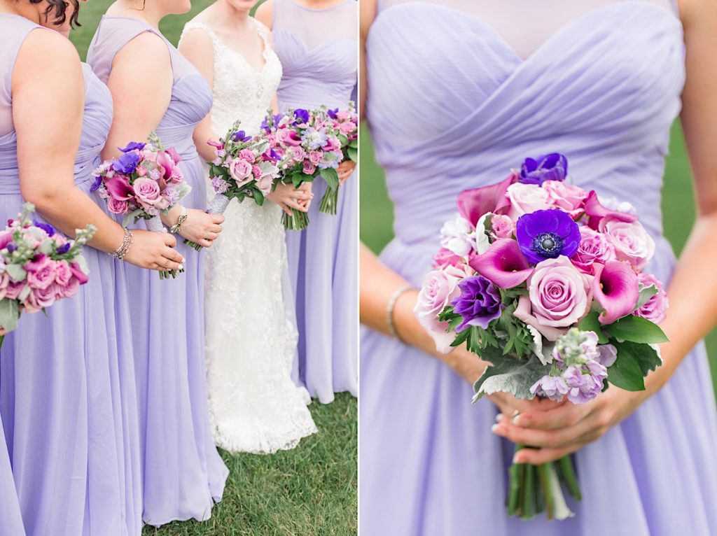 Bridesmaids with purple and pink bouquets by A Garden Party at Scotland Run Golf Club in New Jersey
