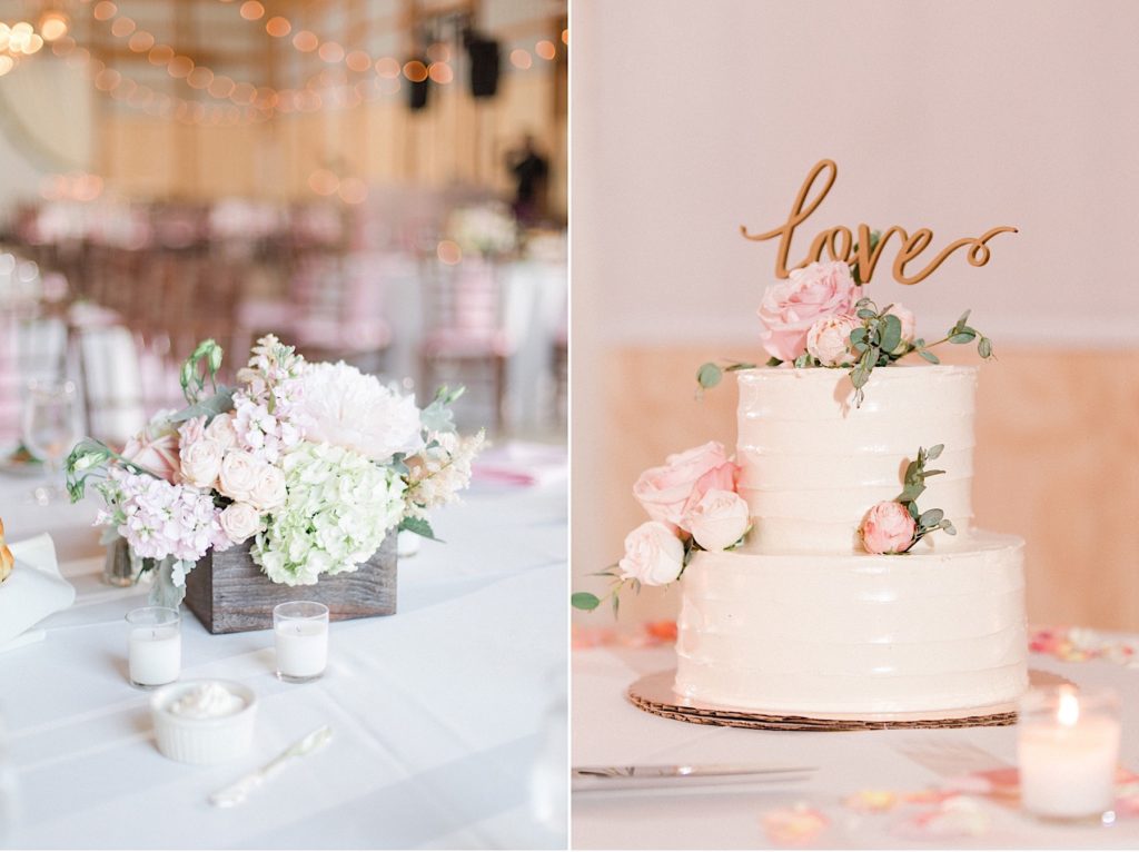 Blush centerpiece and cake by A Garden Party at a backyard wedding in New Jersey