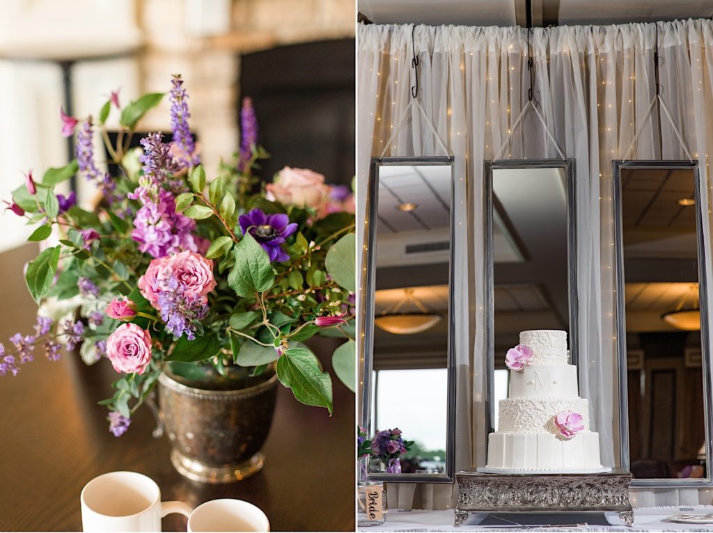 Pink and Green centerpiece and cake by A Garden Party at Scotland Run Golf Club in New Jersey