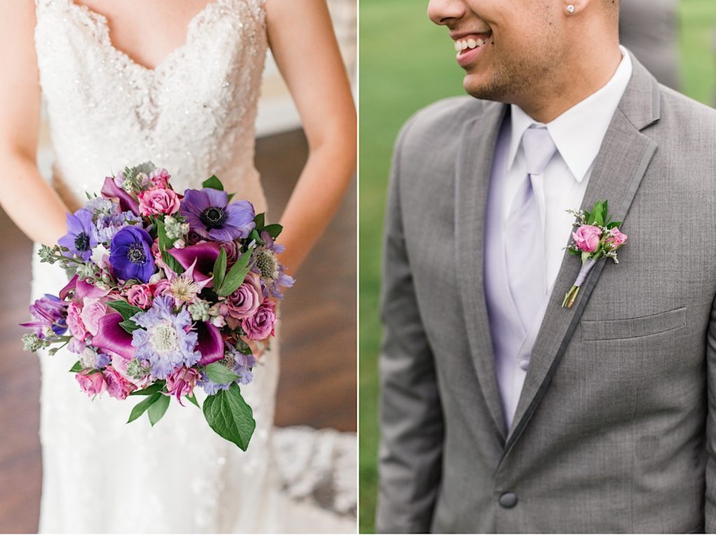 Bridal bouquet and groomsman boutonniere by A Garden Party at Scotland Run Golf Club in New Jersey