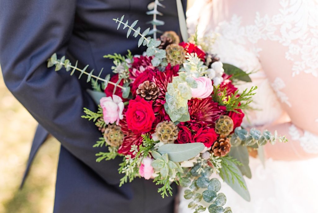Maroon and Green bouquet by Willow and Thistle at Normandy Farm in Blue Bell