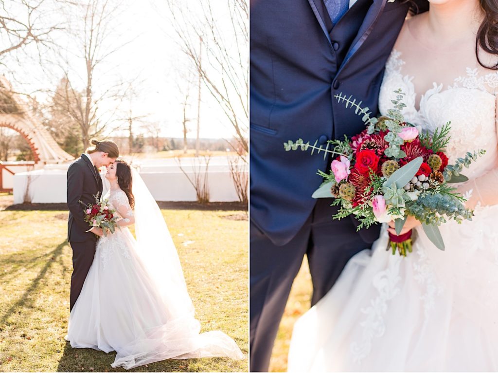 Bride and Groom with Maroon and green bouquet by Willow and Thistle at Normandy Farm in Blue Bell